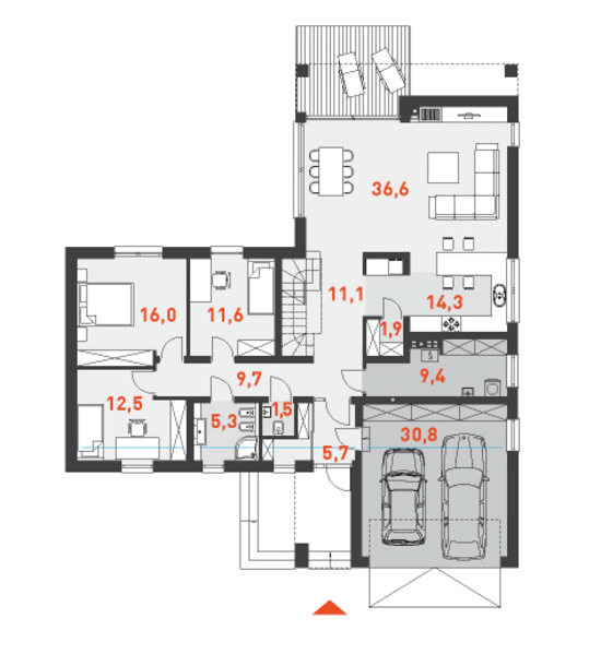 План первого этажа мансардного дома с гаражом Аскетический 3