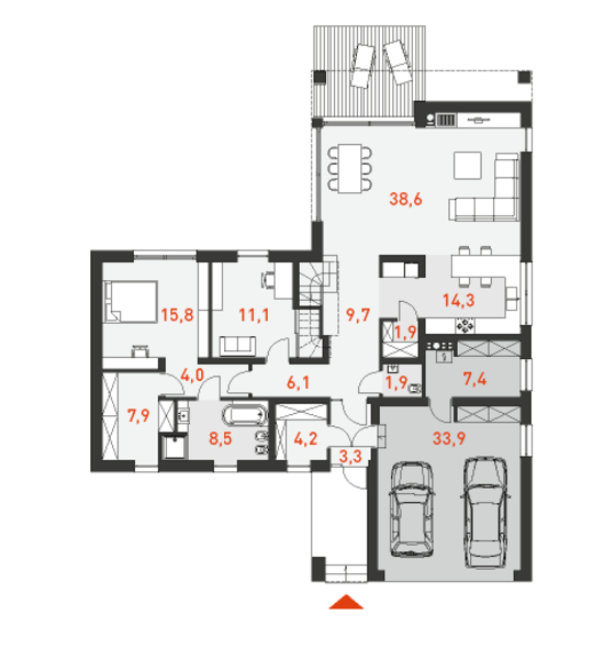 План первого этажа мансардного дома с гаражом на две машины Аскетический 4