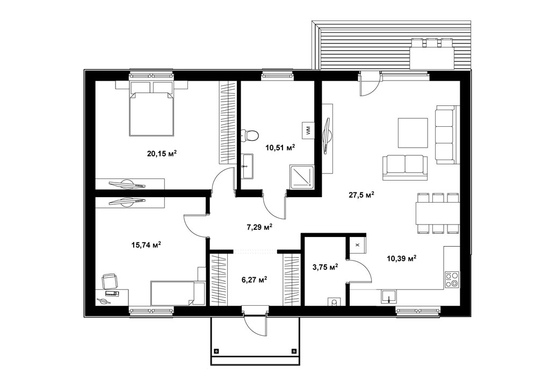 План одноэтажного дома с двумя комнатами из блоков MV-72