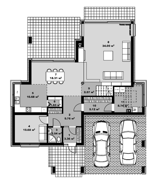 План первого этажа двухэтажного дома с навесом на две машины Уникальный 2М