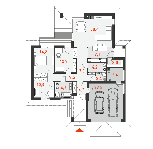 План современного одноэтажного дома с гаражом на 2 машины Добрый 2