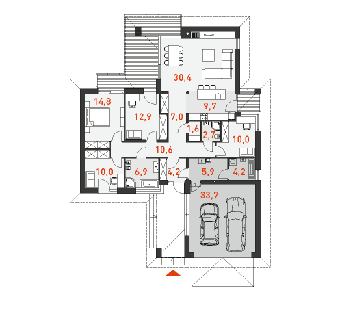 План четырехкомнатного одноэтажного дома с гаражом на 2 машины Добрый 3