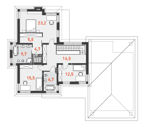 План второго этажа двухэтажного дома с гаражом на две машины Просторный 1