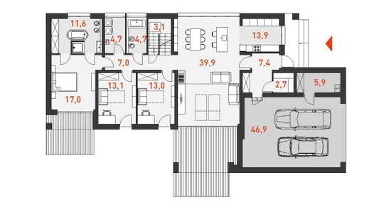 План одноэтажного дома с гаражом на две машины Семейный 4