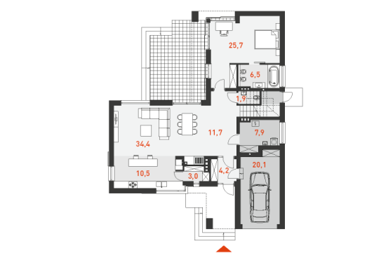 План первого этажа мансардного дома с гаражом Умеренный 1