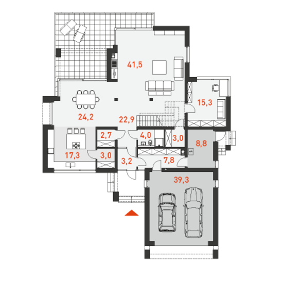 План первого этажа двухэтажного дома с гаражом на две машины Уникальный 1