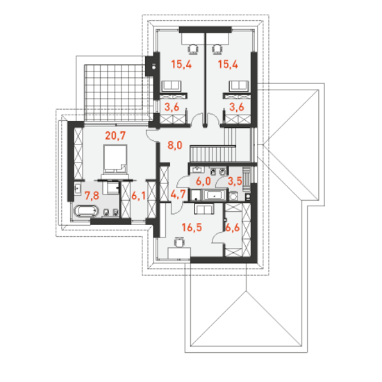 План второго этажа двухэтажного дома с гаражом на две машины Уникальный 1