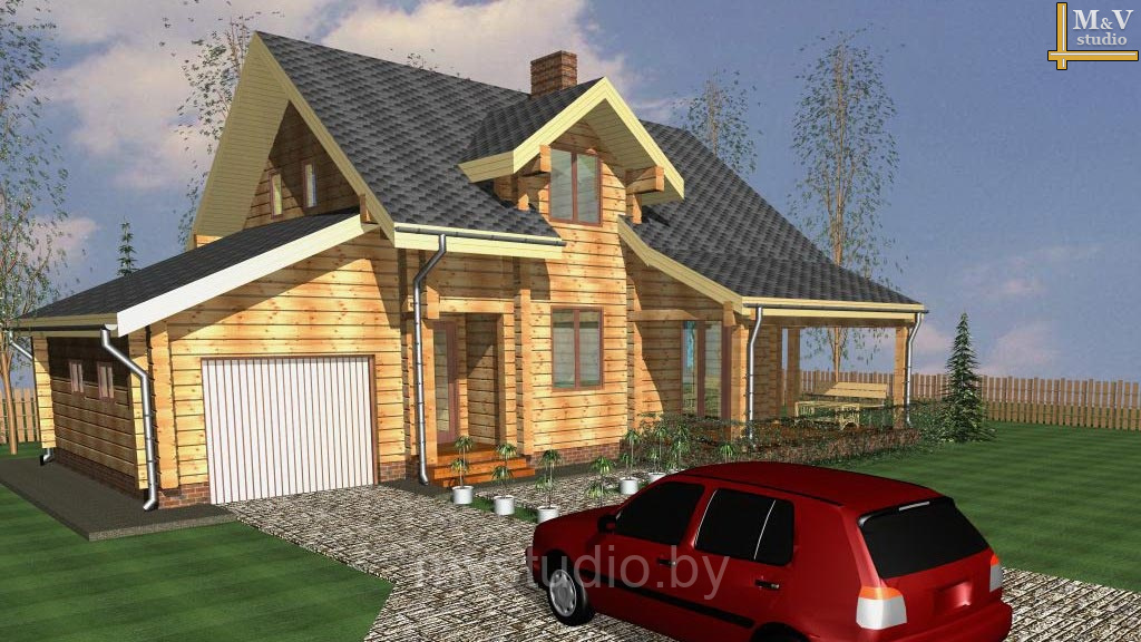 Проект деревянного дома мансардного типа с гаражом - Д-149