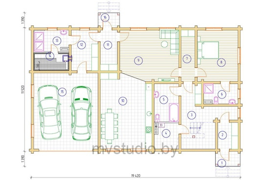 План первого этажа деревянного двухэтажного дома из бруса в стиле шале Д-318