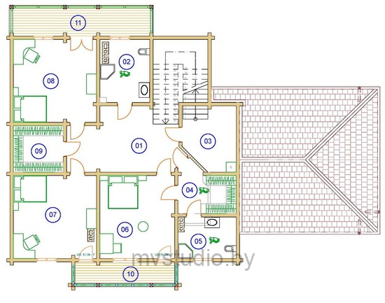 План второго этажа деревянного двухэтажного дома из бруса в стиле шале Д-456