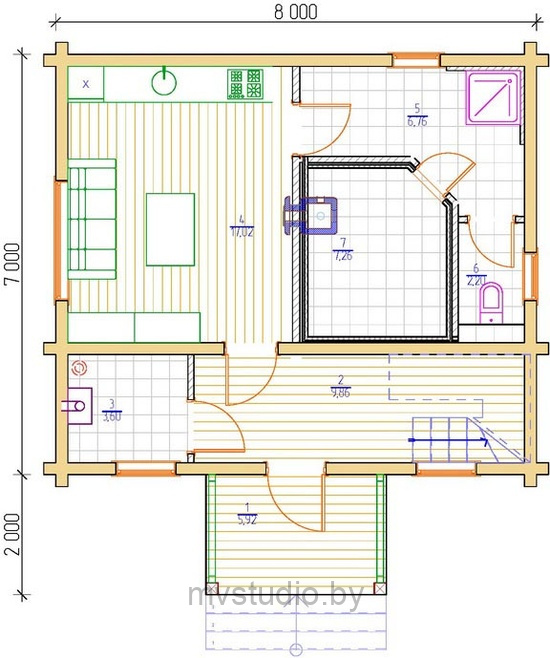 План первого этажа мансардного дома с парилкой Д-96