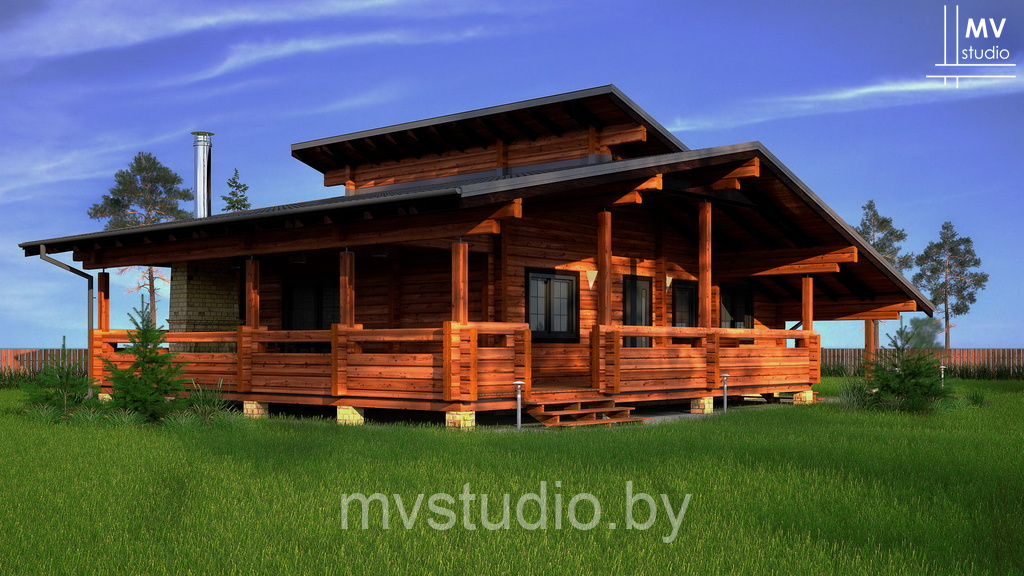 Проект одноэтажного деревянного дома из бруса с террасой - MV-88