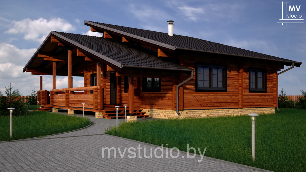 Проект одноэтажного деревянного дома из бруса с террасой - MV-88