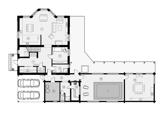 План 1-го этажа двухэтажного дома с сауной и бассейном Особенный 1