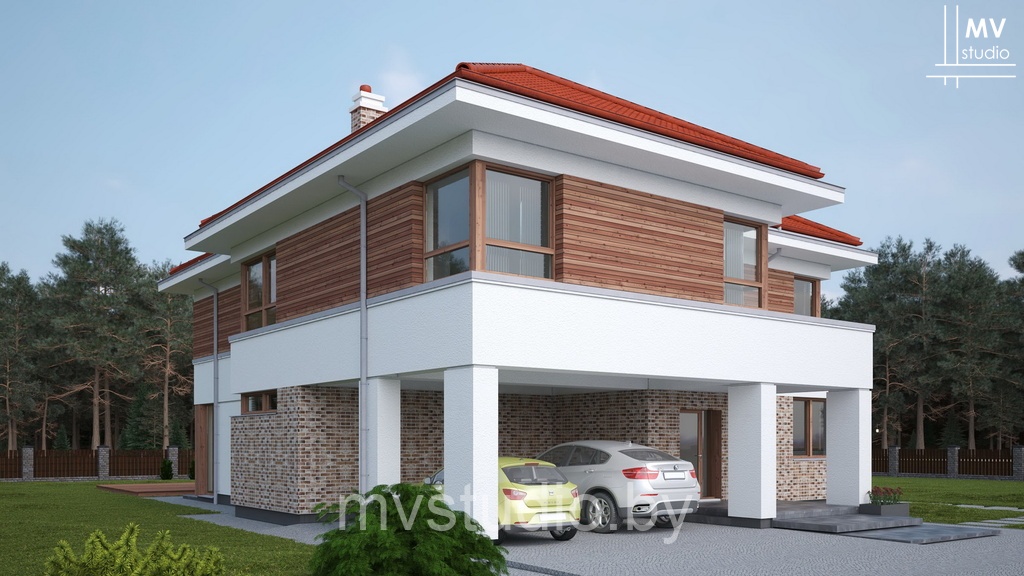 Проект двухэтажного дома с навесом на две машины - Уникальный 2М