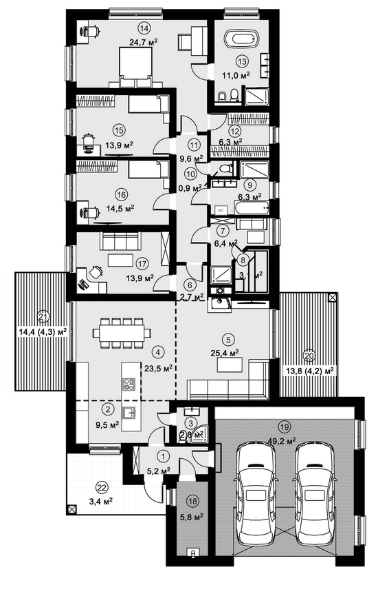 План одноэтажного дома с гаражом на две машины Семейный 1М