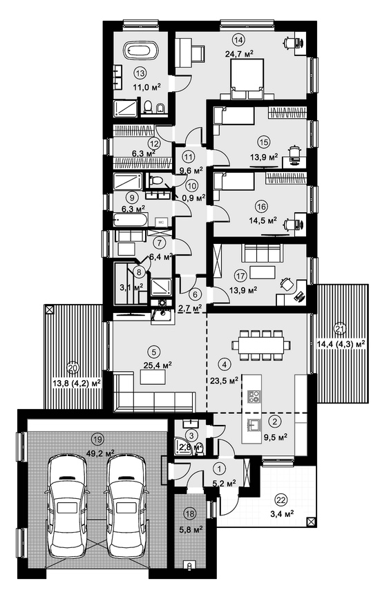 План одноэтажного дома с гаражом на две машины Семейный 1М