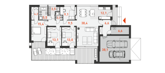 План одноэтажного дома с гаражом на две машины Семейный 3