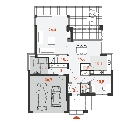 План первого этажа двухэтажного дома с гаражом на две машины Уникальный 2
