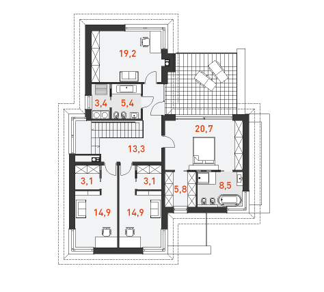 План второго этажа двухэтажного дома с гаражом на две машины Уникальный 2