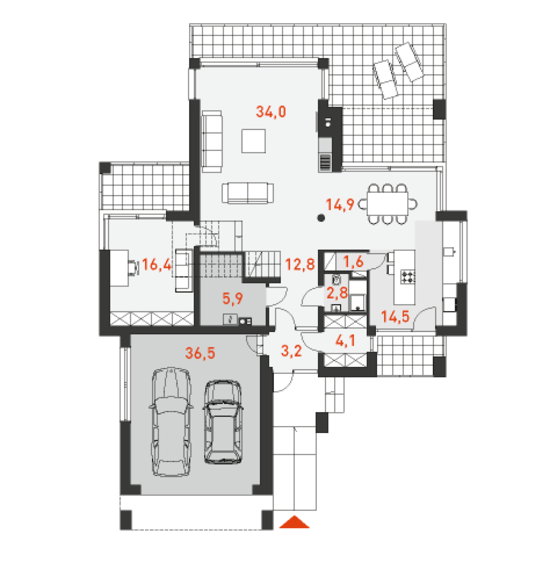 План первого этажа двухэтажного дома с гаражом на две машины Уникальный 3