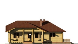 Главный фасад одноэтажного деревянного дома из бруса с террасой Д-117