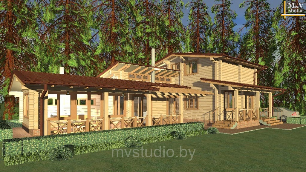 Проект двухэтажного деревянного дома из бруса для узкого участка - Д-187
