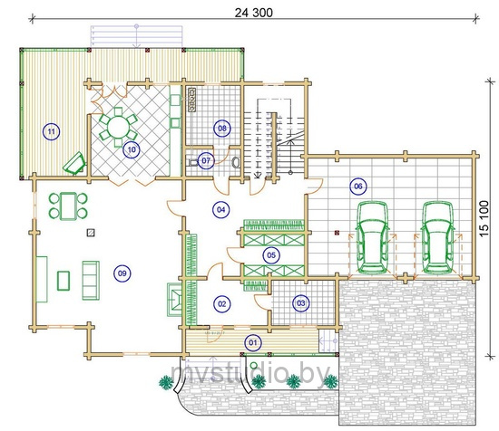 План первого этажа деревянного двухэтажного дома из бруса в стиле шале Д-456
