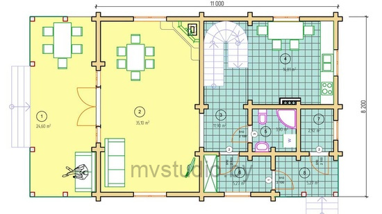 План первого этажа проекта деревянного мансардного дома Jasmin 4 Жасмин-4